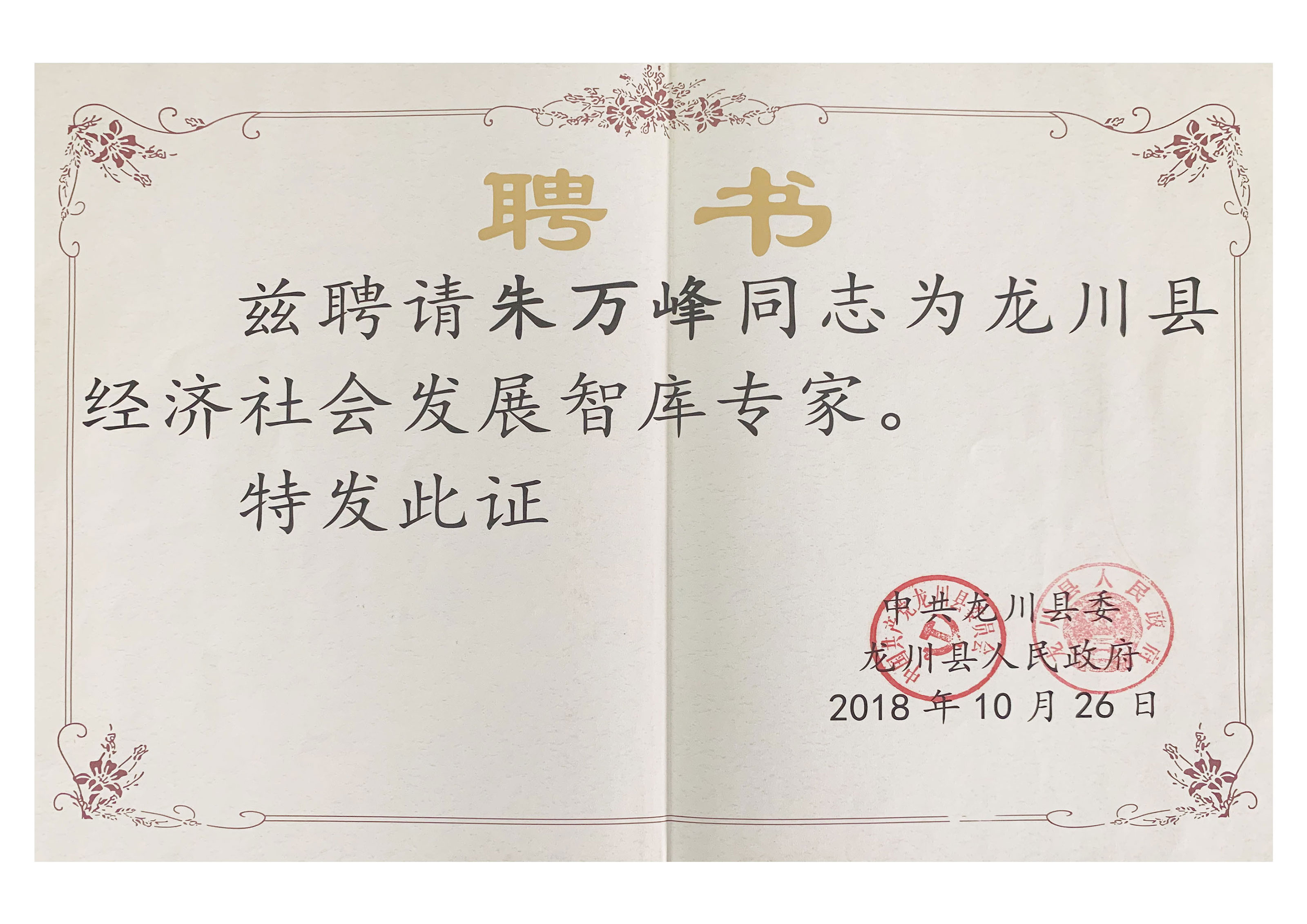 朱萬峰院長-龍川縣經濟社會發展智庫專家